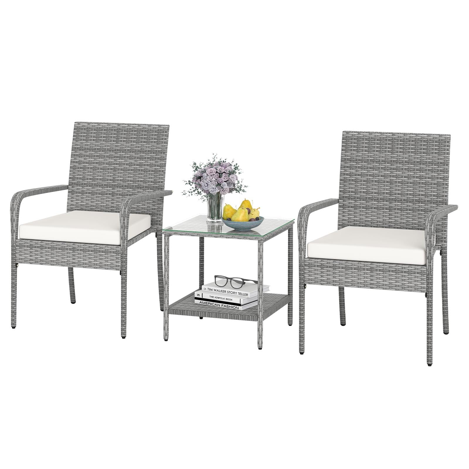 Tangkula 3 Pieces Patio Furniture Set with 2 Tier Tempered Glass Tabletop Table